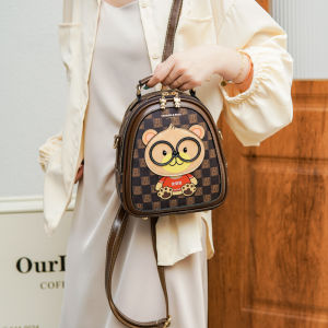 Casual Fashion Mini Bear Soft Leather Backpack Womens 2024 New Style North Bag Double Shoulder Bag Trendy Mini Bookbag
