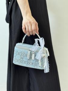 Original Design Womens Crossbody Shoulder Bag Denim Material Chain Decoration Cosmetic Box Shape Medium Size PU Leather