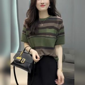 YUFUQING | Casual Stripe Retro Short Sleeve Round Neck T-Shirt Womens Summer New Design Lightweight Loose Personality Top Polyester Fiber