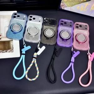 Glitter Wavy Case for iPhone 18 Pro Max 16 15 14 13 12 17 Mirror Ring Holder Magnetic Shockproof Short Wrist Lanyard Strap Cover