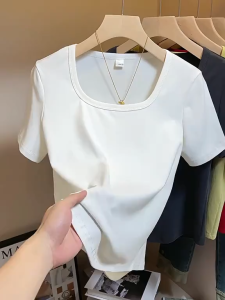 Black Square Neck T-Shirt Womens Slim Fit Casual Solid Color Fashion Top Plus Size Streetwear