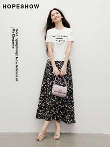 Red Sleeve Retro Floral Half Skirt A-Line Midi Skirt Summer New Womens Fashion Commute Style Polyester Fiber Skirt