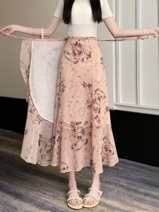 High Waist A-Line Midi Skirt for Women Summer Vacation Style Uneven Floral Print Chiffon Half Skirt Elegant Commute Ladylike Polyester Fiber