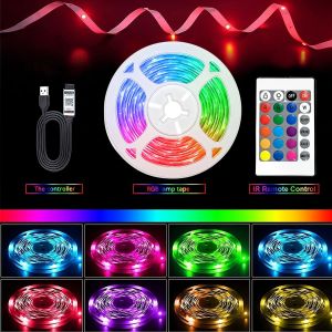 RGB LED strip with 24-key remote control 5V USB powered. Easy to install suitable for interior decoration and holiday parties.