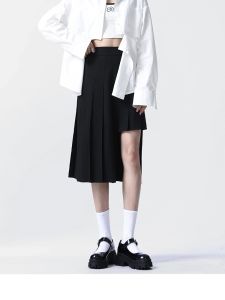 Summer New High Waist A-Line Skirt Black Design College Style Asymmetrical Pleated Short Skirt for Young Women 18-24 Years Old