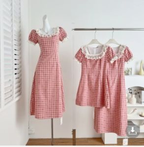 Impression Fashion Women Retro Plaid Sweetheart Print Lace Square Neck Short Sleeve Cinched Waist Sheath Dress