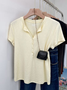 High Quality Short Sleeve T-Shirt Womens Summer Design Slim Fit Knitted Cotton Blend Casual Style Half Open Collar Shoulder