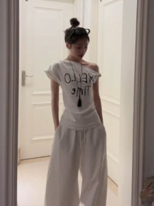 VKSOD | American Style Womens White T-Shirt And Wide Leg Pants Two-Piece Set Summer Fashion Twist Knot Shoulder Top High Waist Loose Fit