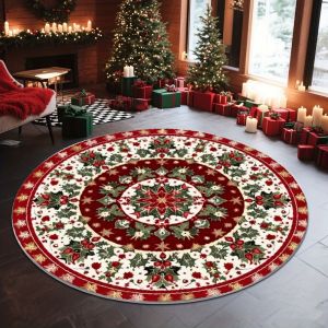 VIKAMA Christmas Round Rug Poinsettia Holly Red Green Print Flannel Carpet For Living Room Entryway Holiday Decor