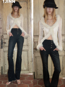 1JINN STUDIO | Fuzzy Glitter Knit Patchwork V-Neck Casual Fit Outerwear