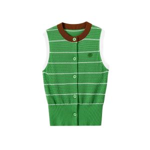 YUEZHONGWEI | Green Striped Ice Silk Knitted Vest Womens Summer Outdoor Wear Slim Fit Sleeveless Open Cardigan Top Commute Style Single Piece