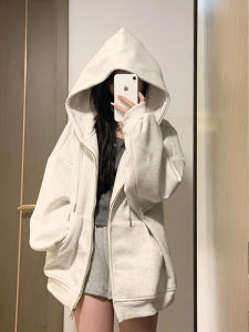 SHUQINGLAI | Plush Lined Spring/Autumn Small Size Loose Casual Hooded Zip-Up Jacket