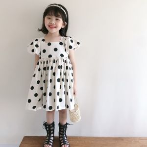 2-8Years Children Girls Summer Dot Print Waist Puffy Bubble Sleeves Dress