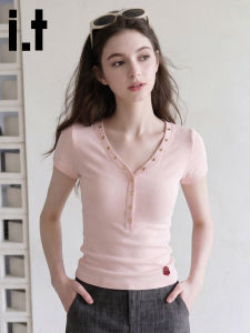 FINGERCROXX | Pink V-Neck Slim Fit Short Sleeve T-Shirt For Women Summer