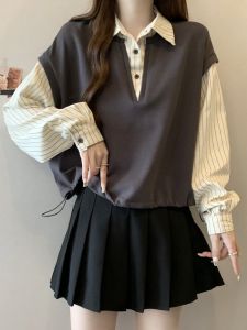 False Two-Piece Suit Stripes Shirt Vest Womens Spring and Autumn Plus Size Plus Size Ladies Slim Looking Shoulder Polo Collar Bottoming Shirt Tops