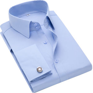 Slim Fit Long Sleeve High Collar Pure Color Cufflinks Mens Shirt French Style Business Formal Wear Polyester Cotton Blend