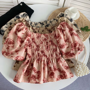 French Retro Sweet Square Neck Bubble Sleeve Short Shirt for Women Summer 2023 New Plaid Floral Rugged Short Sleeve Blouse