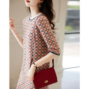 Retro French Red Knitted Dress Womens Spring Summer New Style Seven Sleeve Stripe Print Loose Straight Tube Skirt Dress