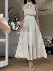 Summer 2023 High Waist A-Line Midi Skirt French Design Slimming Large Swing Versatile Elegant Polyester Fiber Commute Style