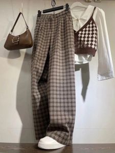 New 2025 Womens Loose Straight Leg Suit Pants High Waist Long Trousers Woolen Plaid Pattern Slimming Casual Wide Leg Pants