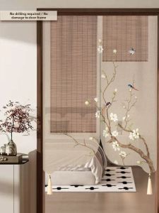 New Home Chinese Style Bedroom Door Curtain Fabric No Punching Semi Curtain Bathroom Kitchen Retractable Partition Curtain
