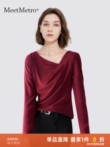 Red Long Sleeve T-Shirt Womens Base Shirt MeetMetro Spring New Style Intellectual Oblique Collar V-neck Cotton Modal Spandex