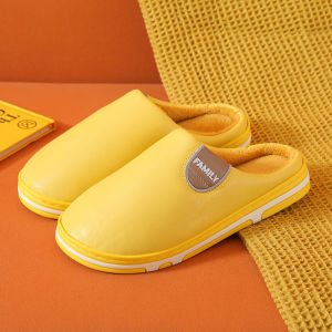 รองเท้าแตะผ้าฝ้ายฤดูหนาวสำหรับผู้ชายและผู้หญิง รองเท้าแตะ PU หนังกันน้ำ กันลื่น อบอุ่น สำหรับใส่ในบ้าน รองเท้าแตะหนังสำหรับคู่รัก