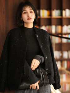 Glamour Glitter Camel Wool Mix Short Baseball Collar Coat