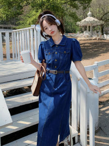 ชุดเดรสสีน้ำเงินสไตล์ฮ่องกงย้อนยุคหรูหราสำหรับผู้หญิงในช่วงฤดูร้อนปี 2025 กระโปรงทรงเอเข้ารูป กระโปรงทรงเอ กระโปรงทรงเอ