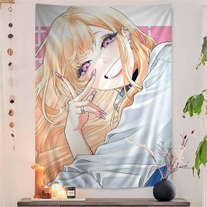 VIKAMA Tóc Vàng Anime Cô Gái Tấm Thảm Dấu Hiệu Hòa Bình Mắt Hồng Manga Treo Tường Kawaii Otaku Đồng Phục Chủ Đề Trang Trí Phòng Polyester