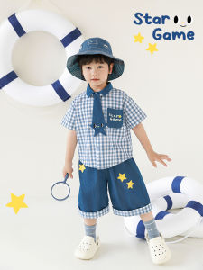 Áo Sơ Mi Kẻ Caro Cổ Bẻ Thường Ngày Cho Bé Trai Mùa Hè Năm 2025 Quần Short Denim Rộng Rãi Trang Phục Trẻ Em Hai Mảnh Có Nút Cài