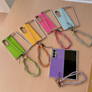 Silver Frame Simple Solid Color Mobile Phone Case with Hand Rope for Samsung Z Fold 8 7 6 5 4 - Protective Cover