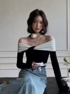 Slimming Knitwear One-Shoulder Color Block Winter New Arrival Korean Design Casual Style Long Sleeve Mid-Thick for Women