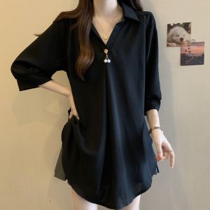 Summer Plus Size Black V-Neck Shoulder Snowcap Sleeveless Shirt for Plump Women with Slimming Design and Belly Covering Style