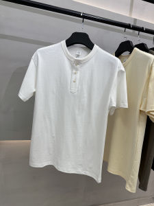 Washed Pure Cotton Short Sleeve T-Shirt Henry Collar American Retro Style Summer Mens Basic Solid Color Versatile Comfortable Breathable