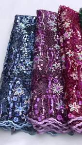 Luxury Hand-Embroidered African Mesh Lace Fabric with 3D Floral Sequins 5Yards French Tulle Lace For Bridal Evening Gowns
