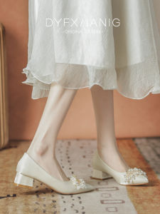 Wedding Shoes for Brides And Maids Comfortable Chunky Heel Fashionable Korean Style Sharp Pointed Toe Daily Wear Butterfly Knot