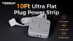 TESSAN ปลั๊กไฟ 4 ช่อง สีดำ ขาว ด้วยสวิตช์ ส่วนต่อขยายปลั๊กไฟพร้อมพอร์ต USB-C รางปลั๊กไฟ1.5/3.0/4.5 เมตร