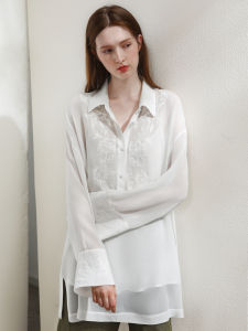 Miccbeirn | Retro Luxury Embroidered Silk Shirt Glittering Heavy Work Qioqi Style Top With Two Piece Set Artistic Design For Commute