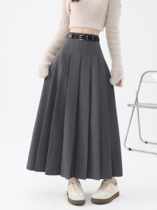 Gray Woolen A-Line Midi Skirt High Waist Cover Hip Womens Autumn Winter New Style Office Commute Korean Version Pleated Skirt