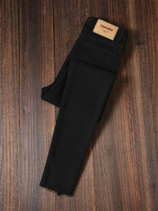 Black Fleece Lined Thickened High Waist Slim Fit Jeans Womens Autumn Winter High Elasticity Nine Point Ankle Length Pants