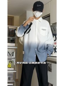 Gradient Color Long Sleeve Shirt Mens Fashionable American Style Teenage Jacket Spring New Vintage Shirt Loose Fit Printed Multi Pocket