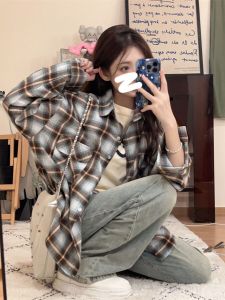 ย้อนยุค ลายสก็อต หวาน Thin Open คาร์ดิเกน เสื้อโค้ท สุภาพสตรี ฤดูใบไม้ผลิ ฤดูใบไม้ร่วง ใหม่ หลวม เสื้อแขนยาวเวอร์ชั่นเกาหลีสไตล์ญี่ปุ่น เสื้อท่อนบน