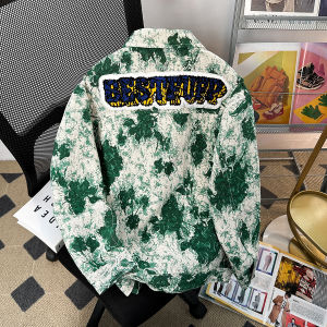 Tie-Dye Thêu Rộng Rãi Fit Phong Cách Mỹ Nam Denim Áo Khoác Mùa Xuân Mùa Thu Thời Trang Thương Hiệu Thoải Mái Áo Khoác Ngoài Dài Tay