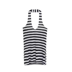 YUEZHONGWEI | Áo ba lỗ không tay cổ treo sọc hai màu Ice Silk Linen Knitted Vest nữ mùa hè ngoài trời ôm vừa vặn gợi cảm không tay áo thun