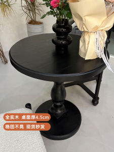Round Coffee Table 60cm American Style Dining Table Solid Wood Side Table Middle Ancient Black Coffee Table French Retro Small round Table Commercial Use