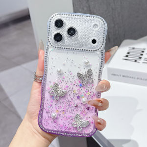 Rhinestone Glitter Gradient Phone Case For IPhone 17 16 15 14 13 Pro Max Heart Mirror Wrist Strap Lanyard Shockproof Back Cover