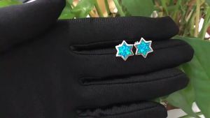 Star of David Blue Opal Stud EarringsMinimalist Jewelry with Iridescent GemstoneWhite K Plated Daily Wear Gift for Women