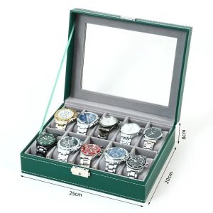 Men Watch Box PU Leather Display Case with Transparent Glass Top Watch Holder Storage Organizer for Gifts