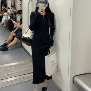 Black Elegant Hooded Half Zipper Long Sleeves Dress Womens Autumn New Arrival Silm Slim Looking Casual Base Hoodie Skirt